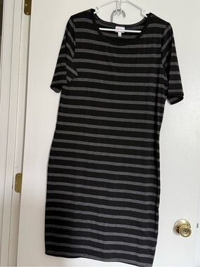 Lularoe Julia- Women's Black and Gray Striped Short Sleeve Dress